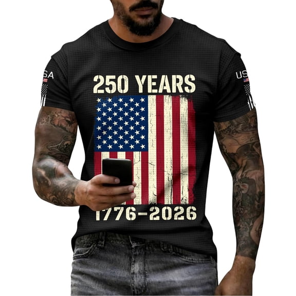 Rggeeun Men'S Tee Stars And Stripes 250 Years Graphic 1776-2026 Print Liberty Short Sleeve Crew Neck For 4th Of July Rodeo Soft Tops,Black,L