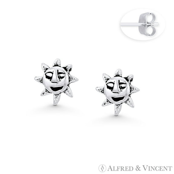 Aztec / Mayan Sun God Charm 7mm Stud Earrings in Oxidized .925 Sterling Silver