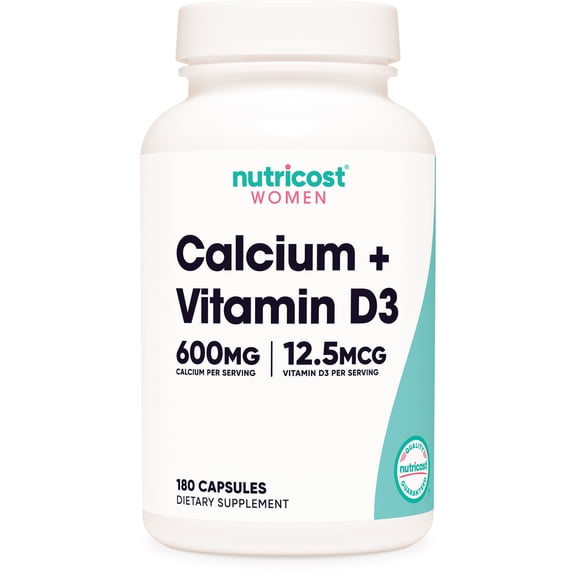 Nutricost Calcium [600 MG]   Vitamin D3 [12.5 MCG] for Women [180 CAPS]