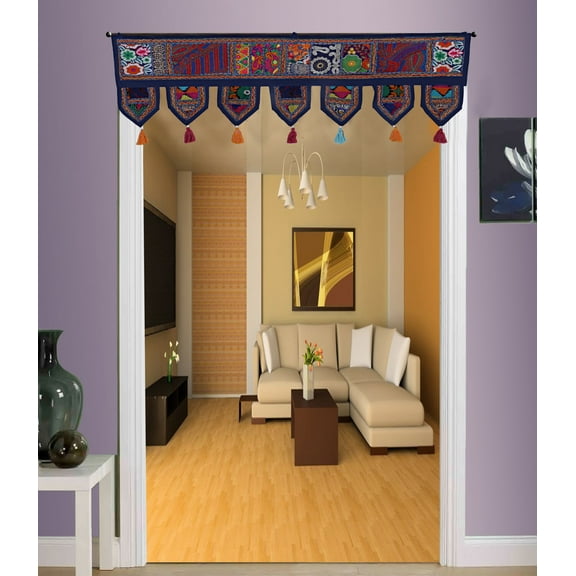 Stylo Culture Ethnic Cotton Window Valance For Bedroom Dark Blue Navy Vintage Embroidered Patchwork Tassels Floral Scarf Curtain Topper Living Room Swag Curtain Door Hanging Toran | 38 x 14 Inches