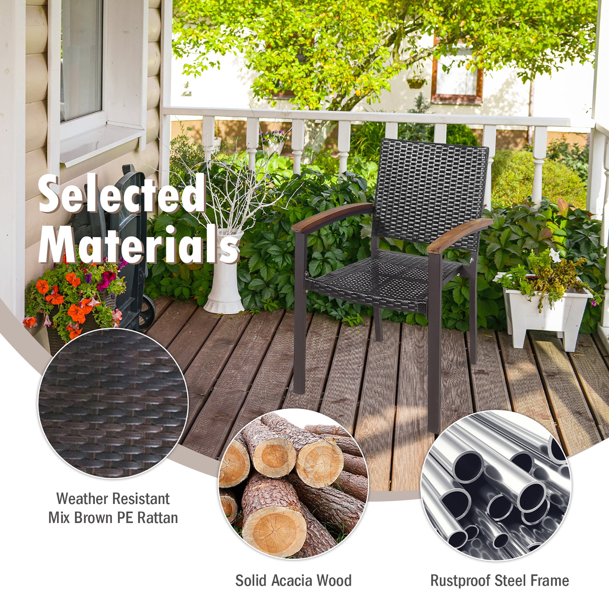 Costway Set of 4 Outdoor Patio PE Rattan Dining Chairs Armrest Stackable Garden