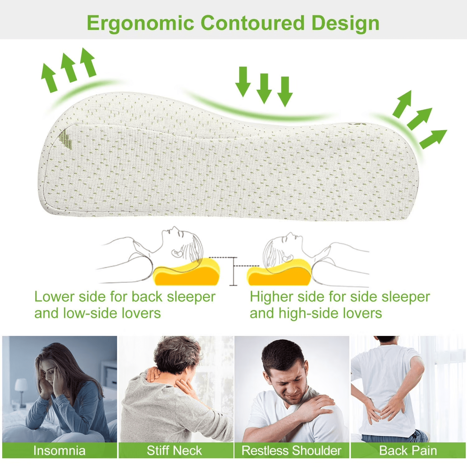 Bamboo Memory Foam Cervical Pillow Orthopedic Contoured Neck Support Pillow Breathable Washable Cover for Back & Side Sleepers