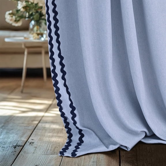Alishomtll Blue Scalloped Rod Pocket Back Tab Blackout Curtains Set of 2,52"x 84",Thick Linen