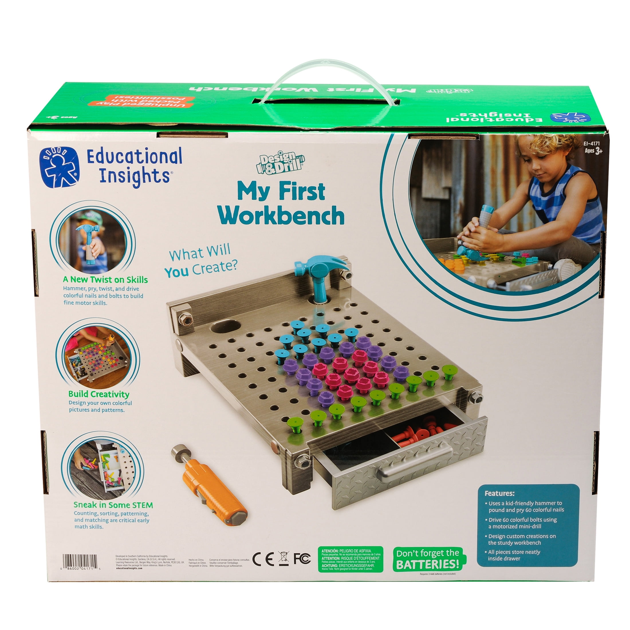 Educational Insights Design & Drill My First Workbench, Plastic Electric Drill Toy, Preschool STEM, Toddlers Ages 3+