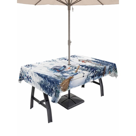 Outdoor Tablecloth with Umbrella Hole and Zipper, Blue Christmas Rectangle Table Cloth 60x120 Inch Waterproof Tablecloth, Snowman Eucalyptus Leaves Snowflake Wooden Picnic Table Cover for Patio