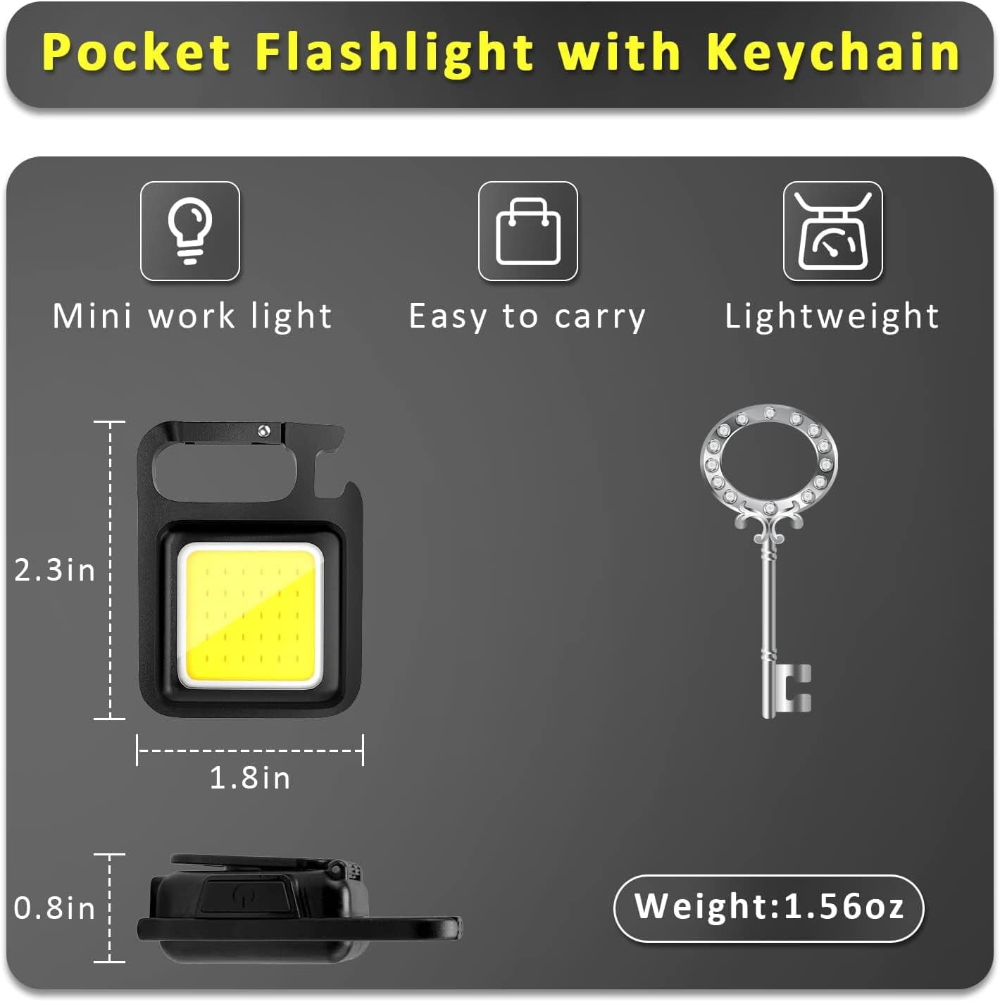 Rechargeable Keychain Flashlight 2Pack, High Lumen Super Bright LED Work Light with Magnet,Clip,Bottle Opener for Dog Walking,Car Repair, Emergency,Camping,EDC Black