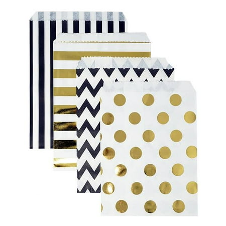 Favor Treat Bags - 48 Black and Gold Polka Dot Chevron Stripes 5x7 Paper Treat Bags Goody Favor Bags