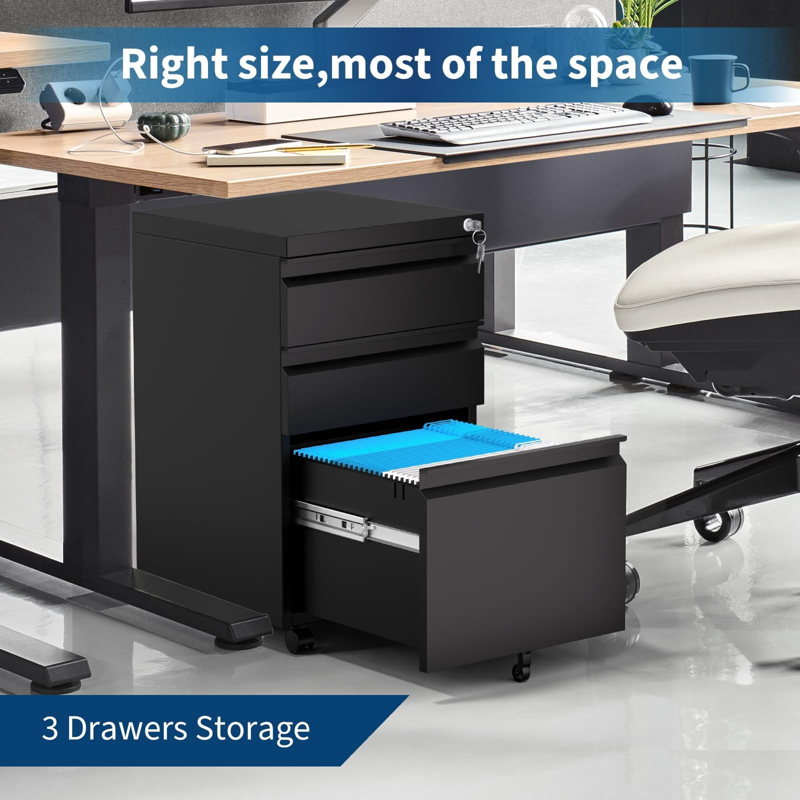 3-Drawer Mobile File Cabinet with Lock, Metal Filing Cabinet on Wheels, Fits Letter/Legal/A4 Files, Space-Saving Under Desk Office Storage Organizer for Home Office, Easy Assembly, Black
