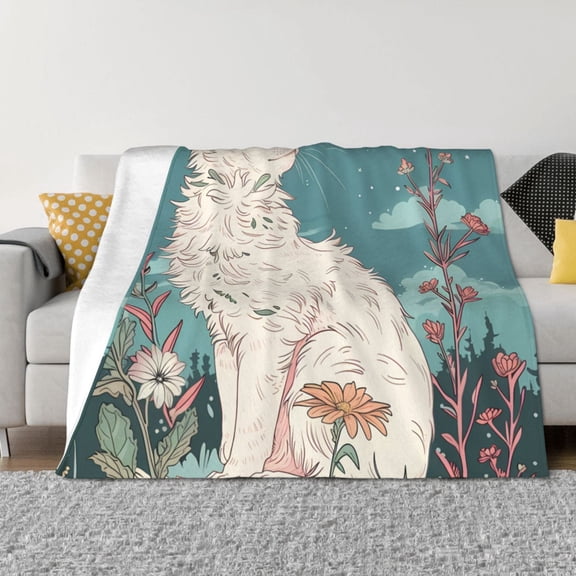 Goofa Celestial Cat And Flowers Pattern Fleece Throw Blanket for Couch, Soft Checkered Flannel Blanket for Sofa, Warm Cozy Decorative Blanket Fall Decor Gift-40"x30"