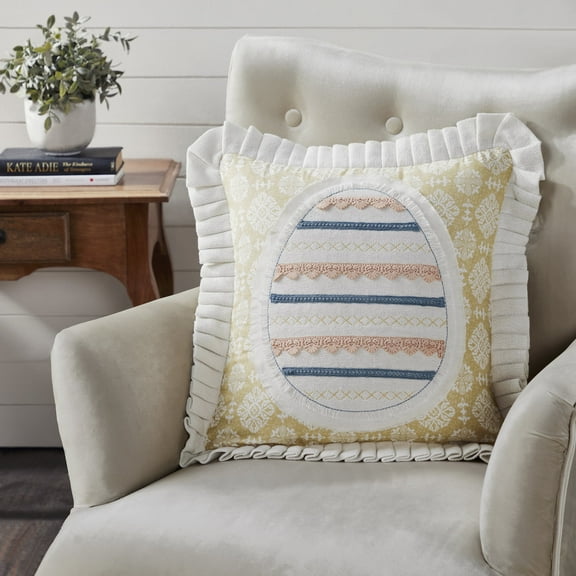 VHC Brands Easter Egg Farmhouse Throw Pillow, Gold Creme Blue, 18x18