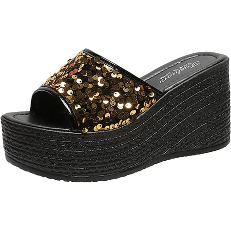 

Women s Glitter Platform Slip on Wedge Heels Sandals Summer Sequin Pu Peep Toe Slippers Comfortable Thick Sole Sandal