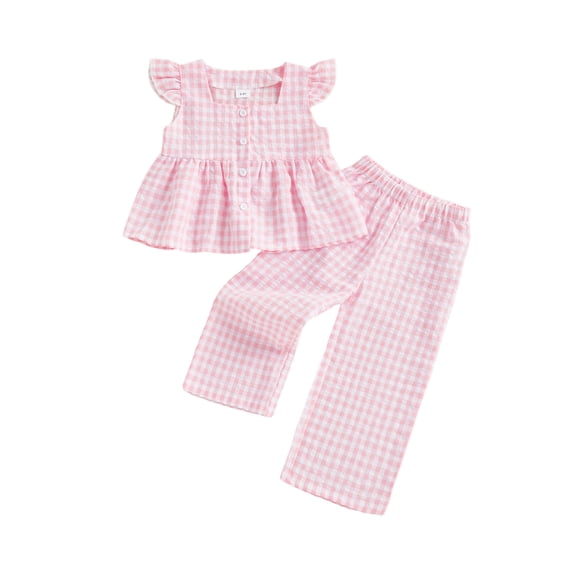 AceBaby Little Girls Clothes Set 12M-5T Flying Sleeve A-line Plaid Tops and Pants 2Pcs Kids Summer Outfits