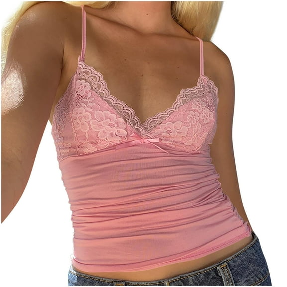 Ynynloco Lace Tank Tops for Women V Neck Spaghetti Strap Sleeveless Sexy Y2K Vest Casual Comfy Trendy Slim Going Out Tops