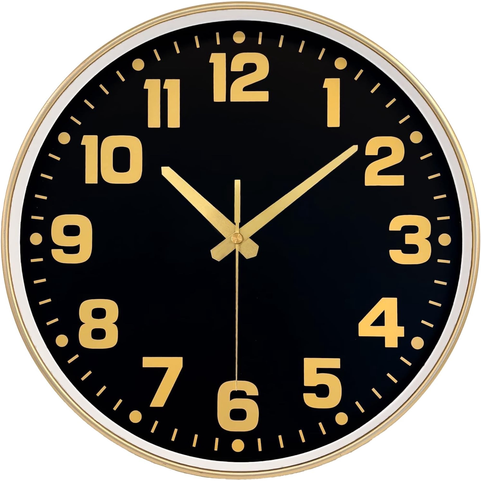 VIB Modern Silent Wall Clock, 10inch Non-Ticking Analog Battery Operated Clock with Large Easy-to-Read Number Tempered Glass Decorative Wall Clocks for Living Room Bedroom Kitchen Gym, Black Gold