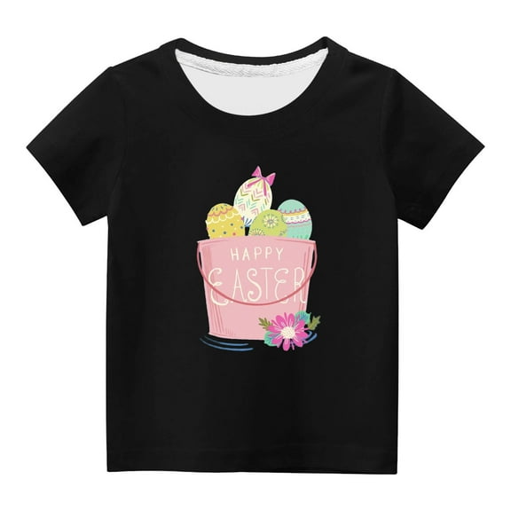 Virmaxy Happy Easter T Shirt for Toddler Baby Boys Girls Easter Egg Letter Print Tees Tops 2024 Easter Day Gift Kids Boys Girls Fashion Cute Short Sleeve Crew Summer Tee Black-A 7Y