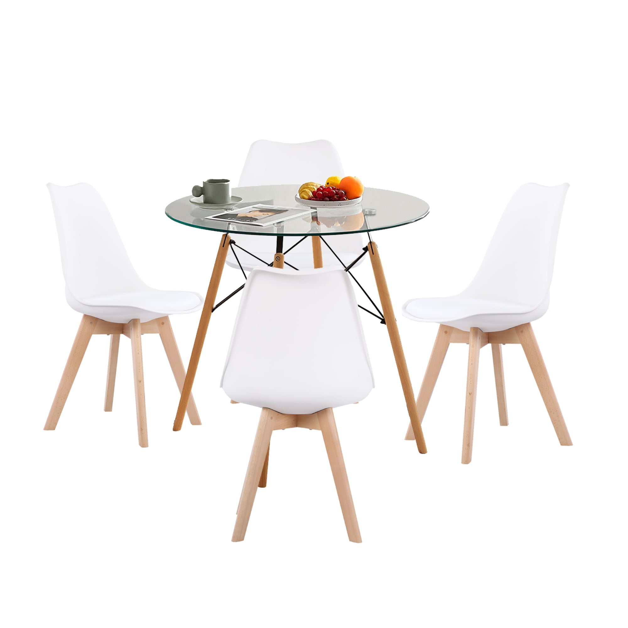 Symylife Modern Tempered Glass Round Dining Table with 4 Dining Chairs, Wood (Set of 5)
