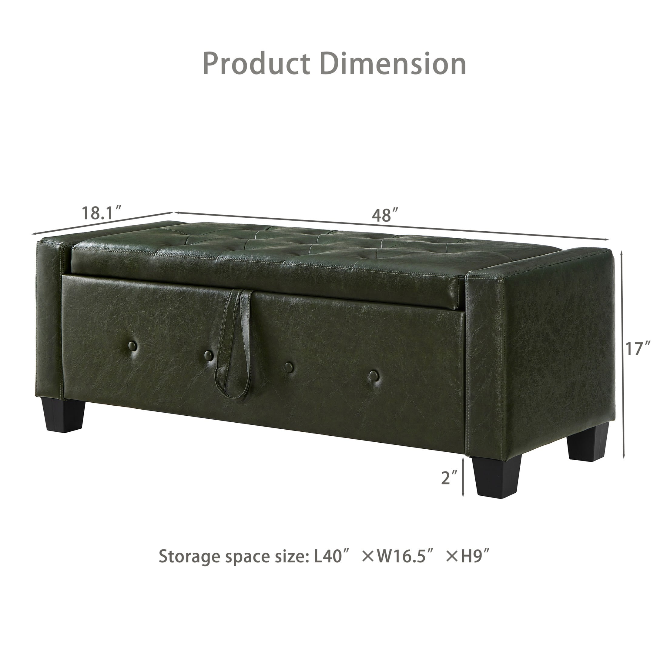 Aukfa 48" Storage Ottoman Bench with Safety Hinges, Upholstered Tufted Faux Leather Bench for Bedroom, Living Room & Entryway, Dark Green