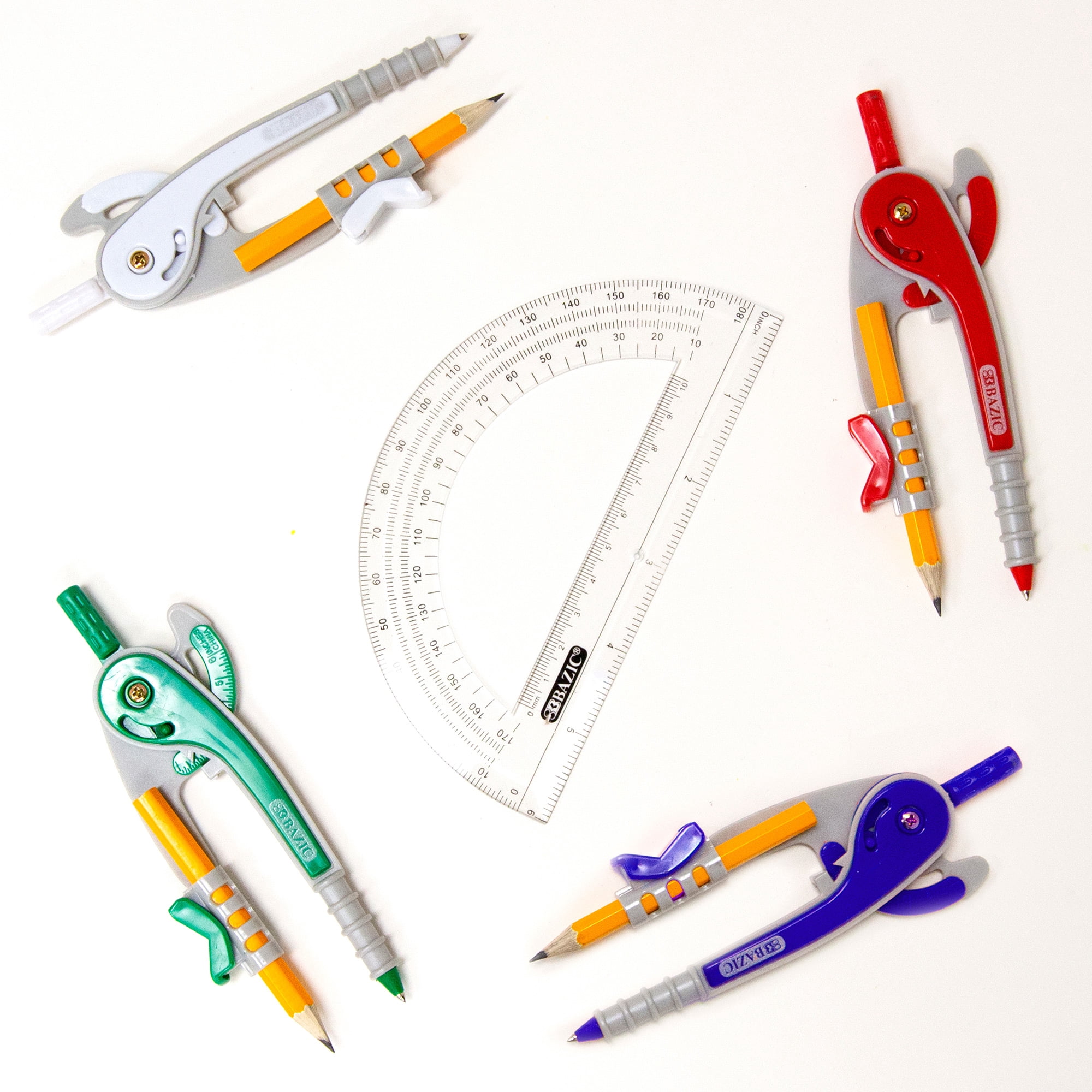 BAZIC Geometry Math Compass Set Scale-Arm, 6" Protractor, 24-Pack