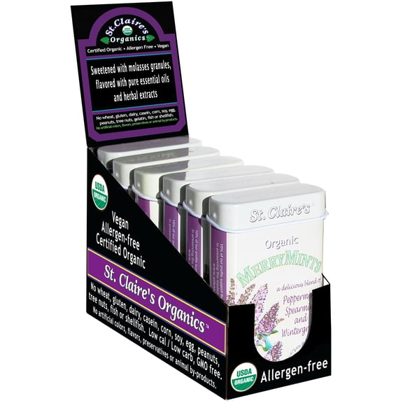 St. Claire's Organic Breath Mints, (MerryMints, 1.5 Ounce Tin, Pack of 6) | Gluten-Free, Vegan, GMO-Free, Plant-based, Allergen-Free | Made in the USA in a Dedicated Allergen-Free Facility