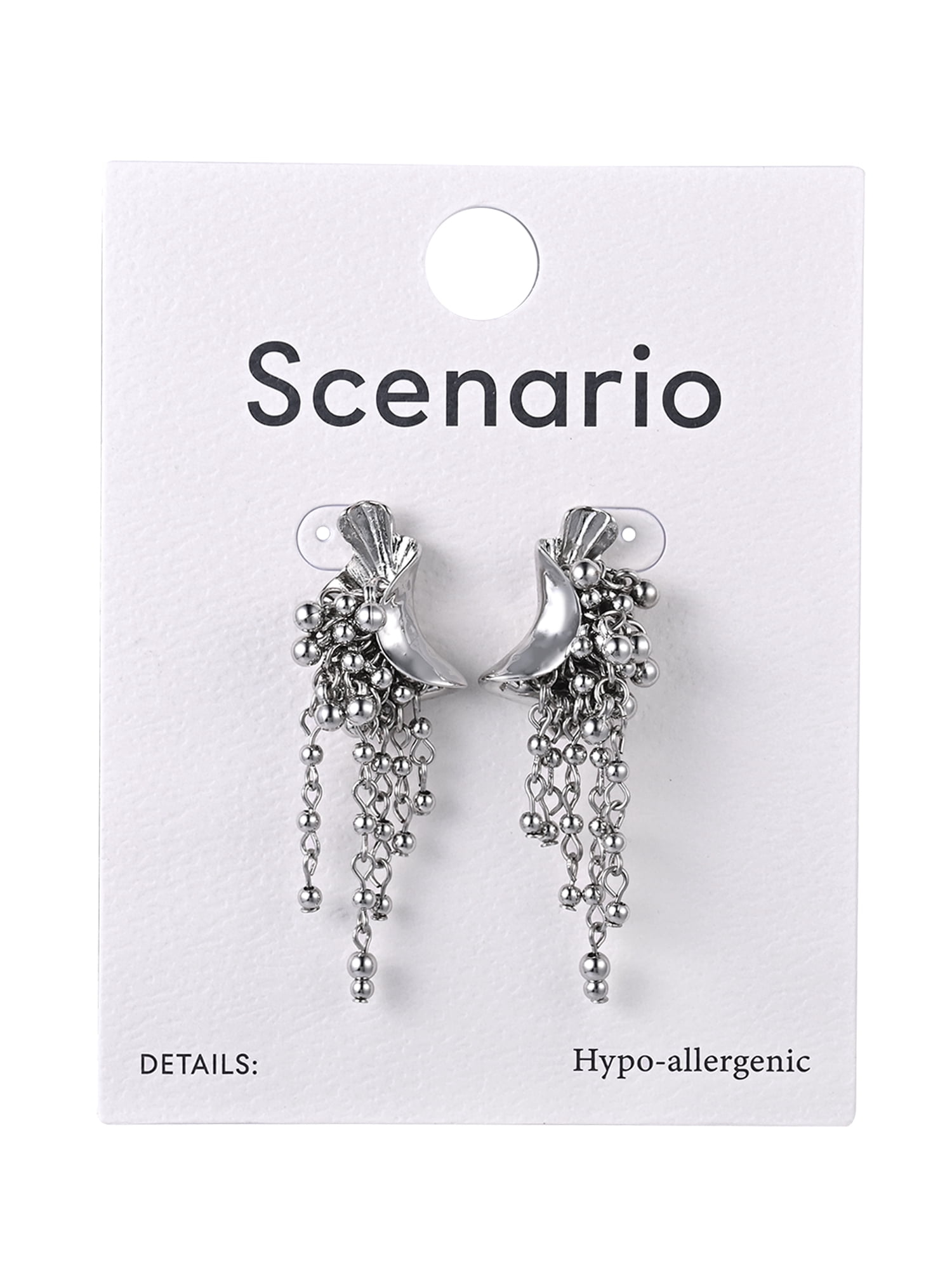 Scenario Women's Silver-Tone Textured Crescent Metal Beaded Fringe Drop Earrings