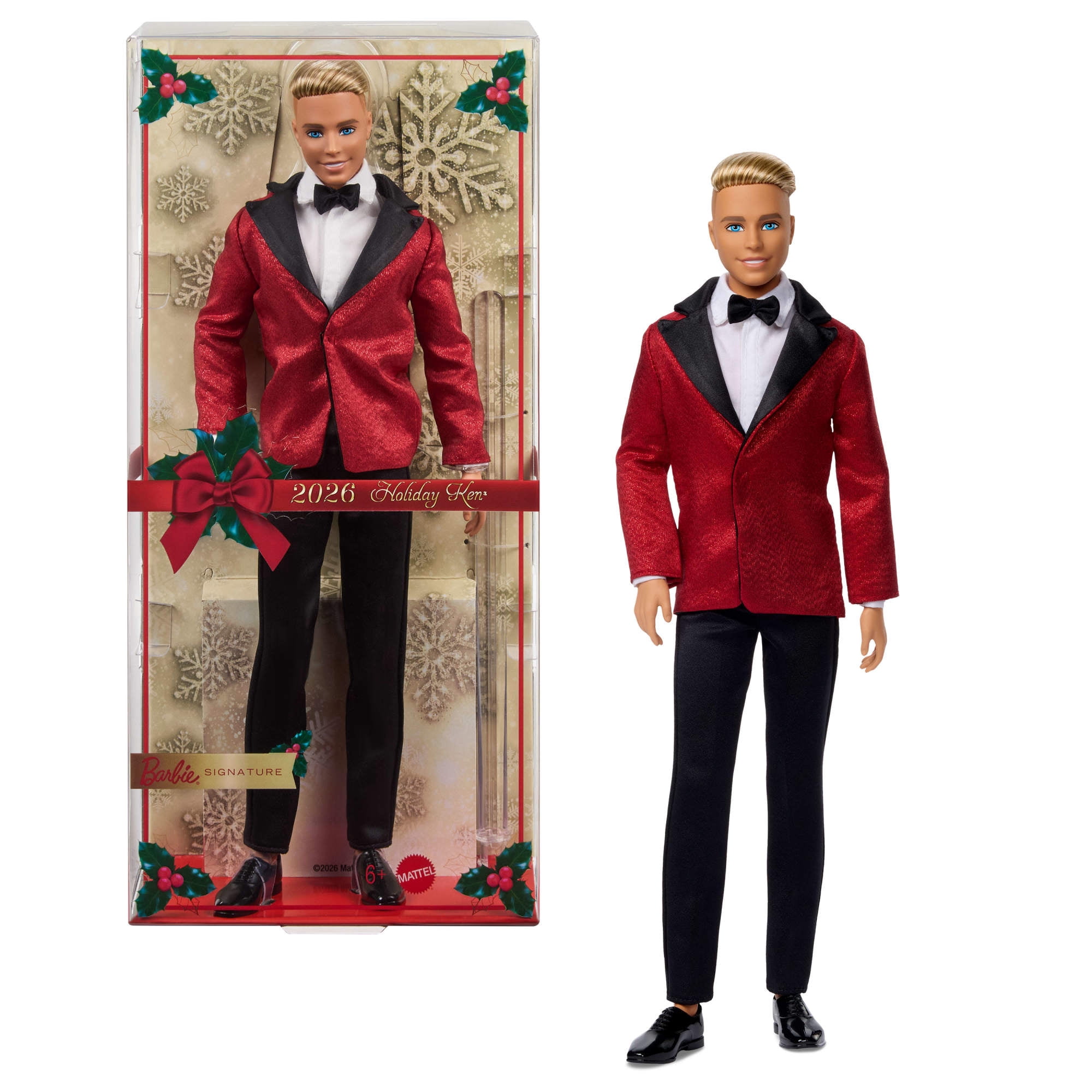 Barbie Signature 2026 Holiday Blonde Ken Collectible Fashion Doll wearing Full Suit with Red Jacket