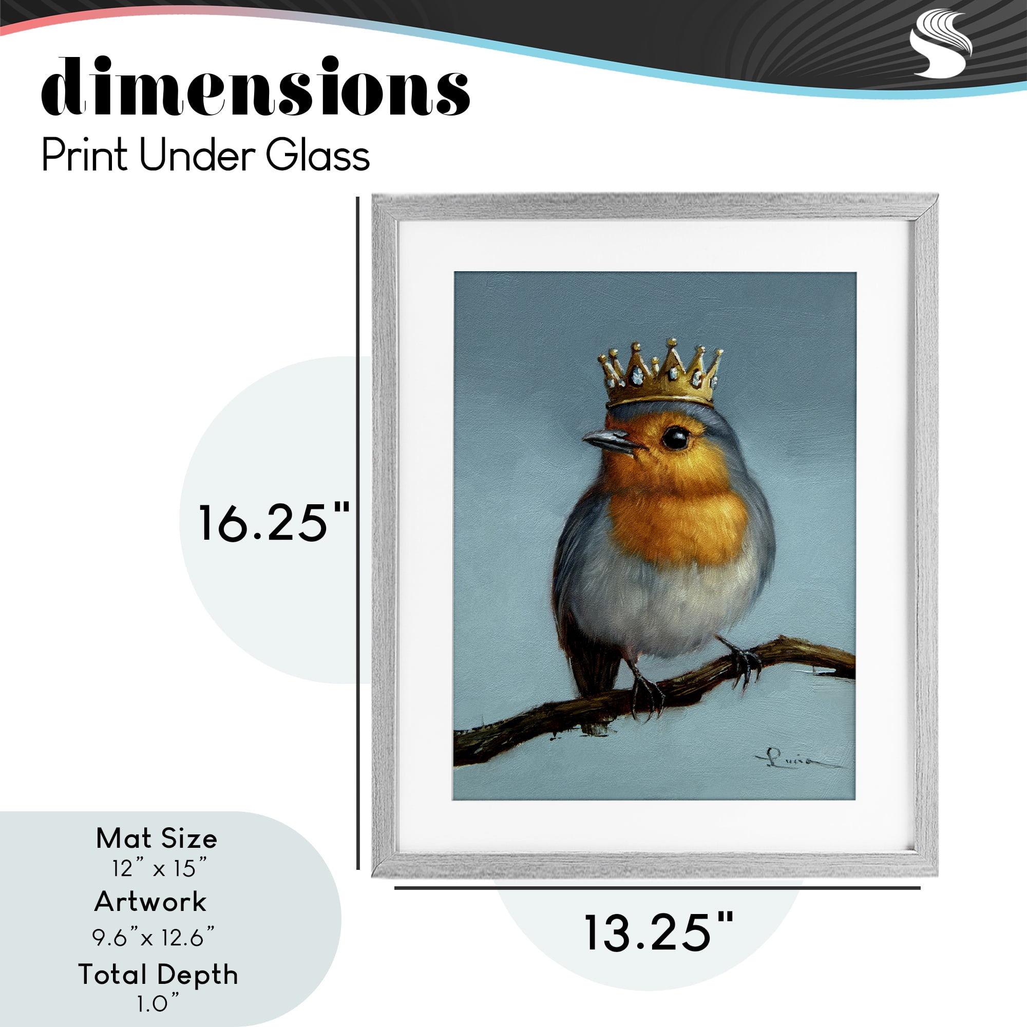 Royal Robin Perched Gray Framed Print Under Glass, design by Lucia Heffernan