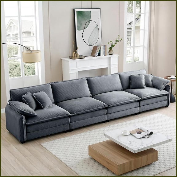 Modern Retro 4-Seater Corduroy Sofa ā Comfortable Living Room/Office Furniture with 6 Pillows, Easy Assembly | Corduroy | Gray | Cushion Back