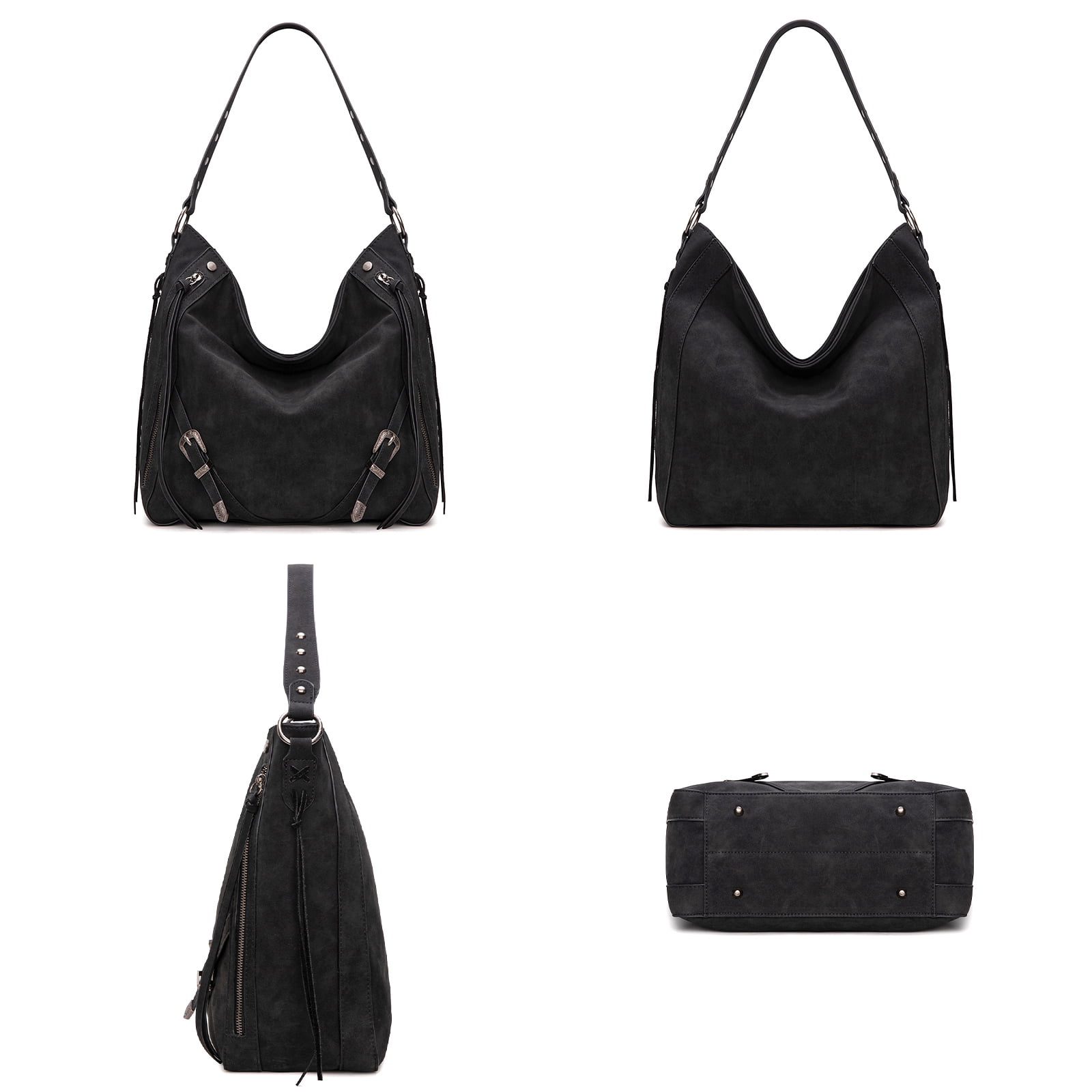 Wrangler Large Hobo Purses and Handbags for Women with Buckle and Fringe Zipper Faux Suede Shoulder Bag, Black