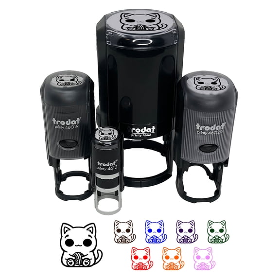 Content Kawaii Chibi Sitting Cat with Ball of Yarn Self-Inking Rubber Stamp Ink Stamper - Lime Green Ink - Medium 1 Inch