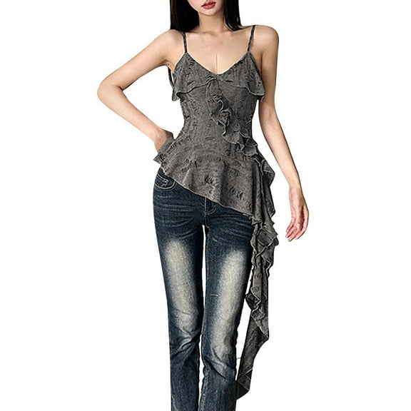 Uaswgudfs Women's Flowy Layered Ruffle Asymmetric Hem Spaghetti Strap Tank Top with Draped Detail, Lightweight Fabric for Summer Casual Style Gray L