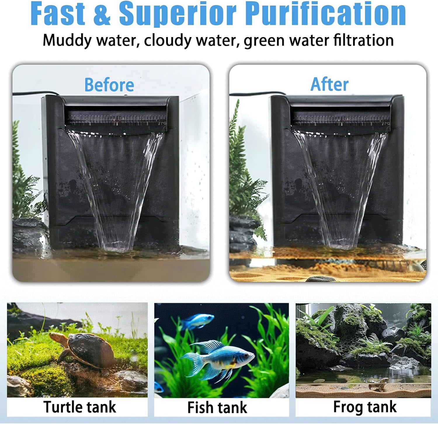 Large Capacity Turtle Tank Filter with UV Sterilizer for 40-155 Gallon Aquariums, Low Water Level Filter for Amphibians in Fresh or Saltwater, Clears Cloudy Green Water for Crystal Clarity and Odor C