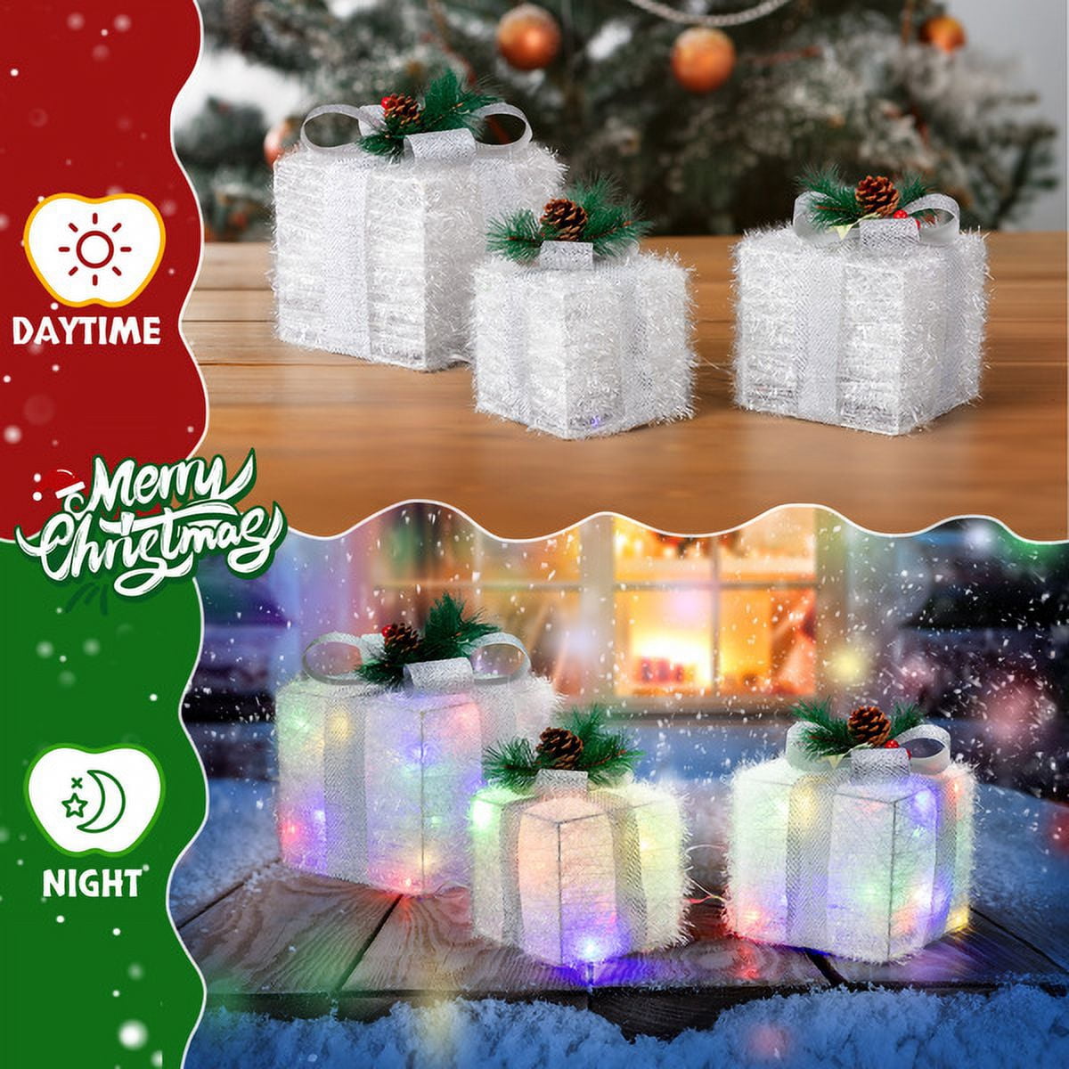 3-Piece Lighted Christmas Gift Boxes Set, 48 Multicolor LED Lights, Nesting Design for Storage, Indoor/Outdoor Decor for Tree, Porch, Yard