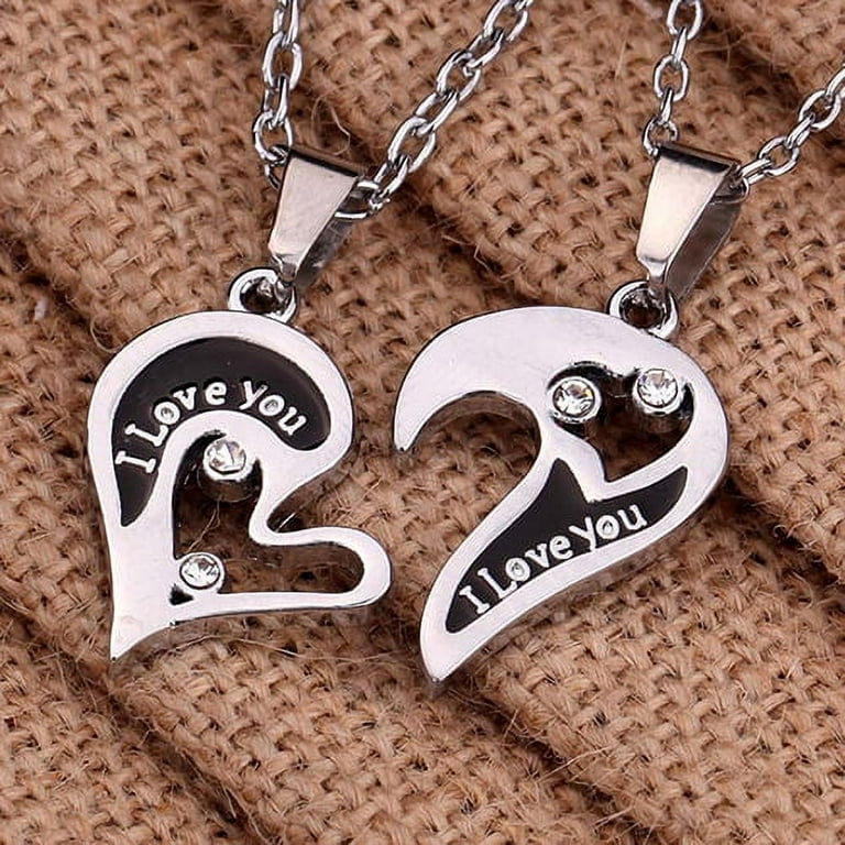 NUZYZ Mens Women Couple I Love You Rhinestone Heart Pendant Chain Necklace Jewelry