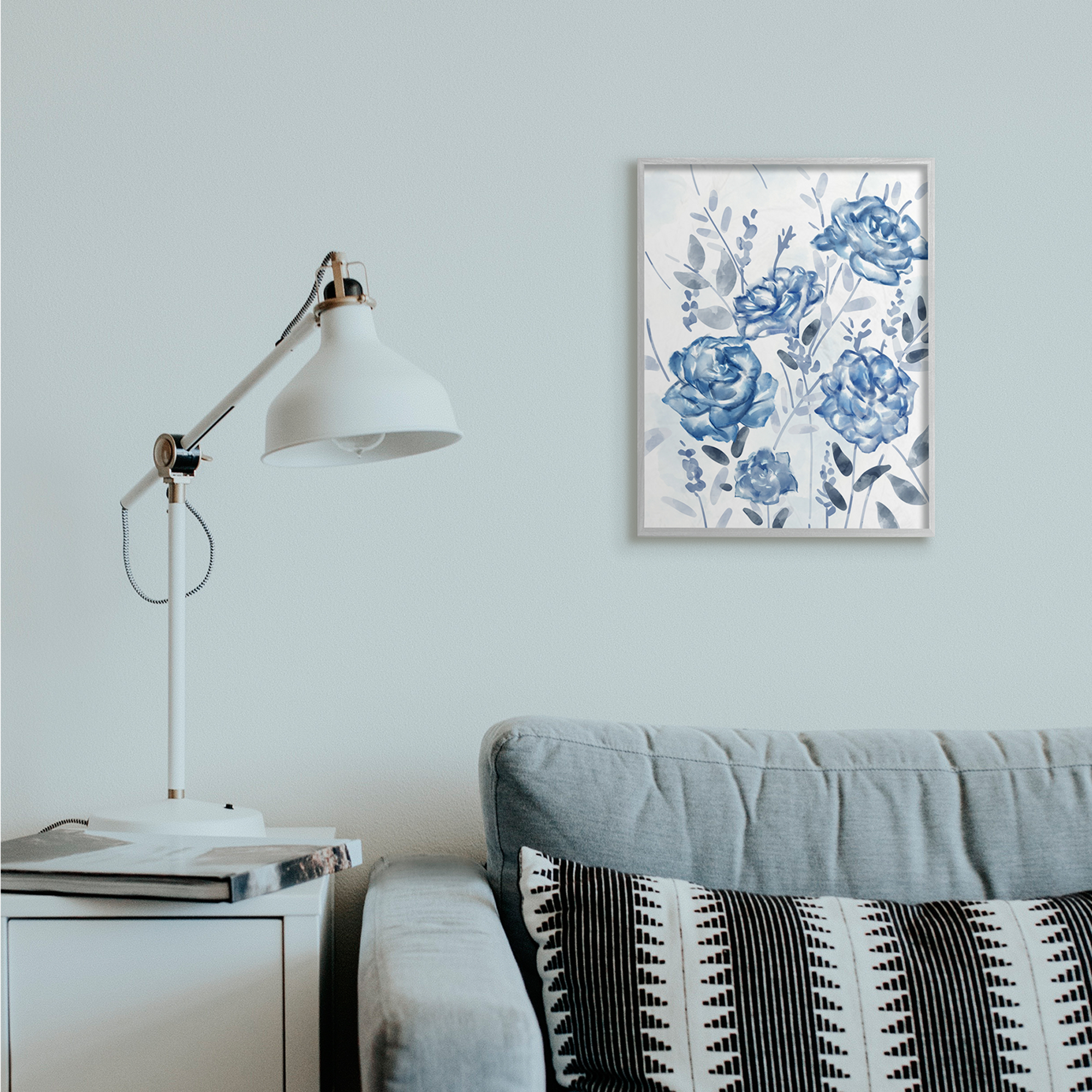Stupell Industries Blue Rose Garden Abstract Toile Florals Grey Framed, 16 x 20, Design by Ziwei Li