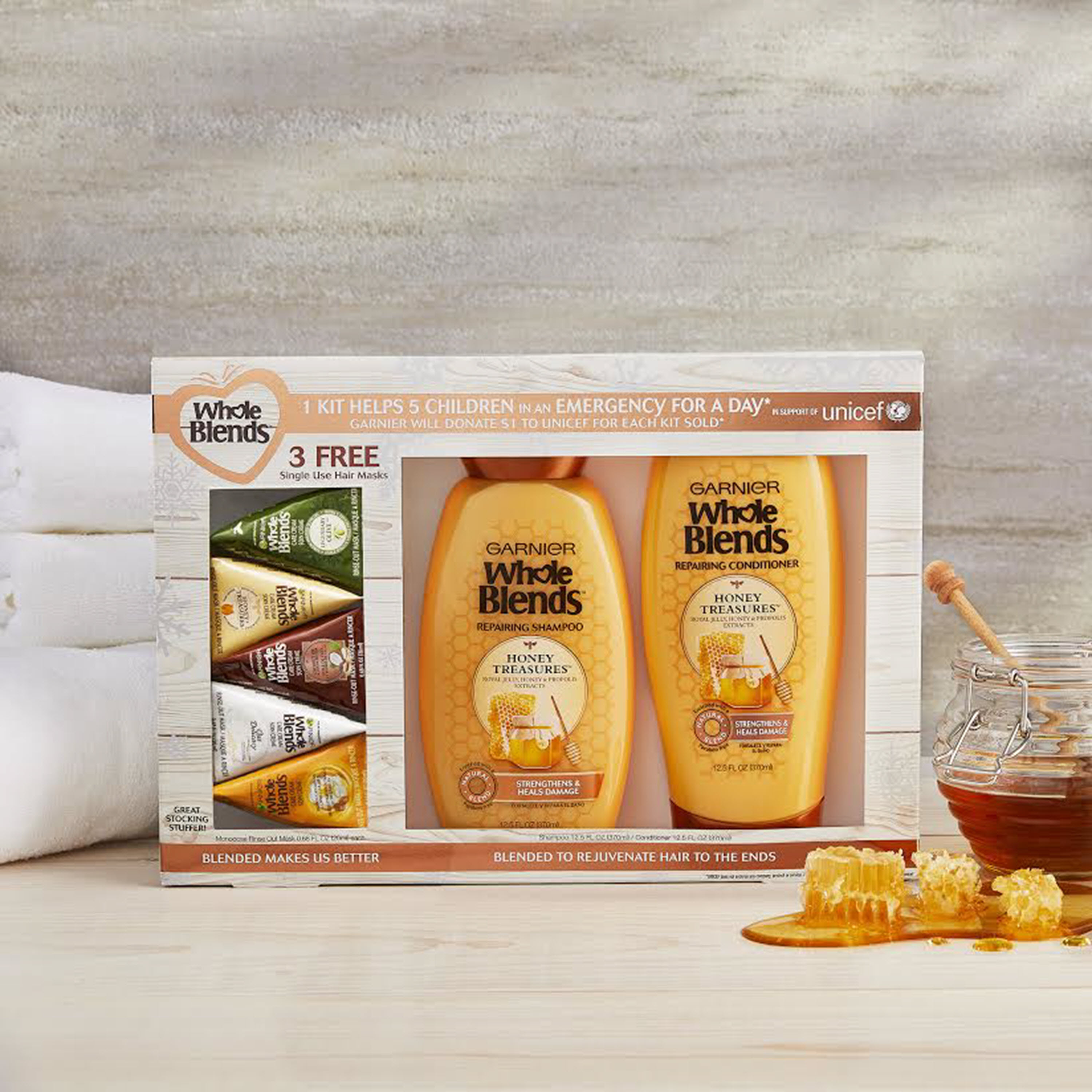 Garnier Whole Blends Honey Treasures Gift Set with 3 Free Hair Masks, 7 Piece Set ($14.29 Value) - image 5 of 6