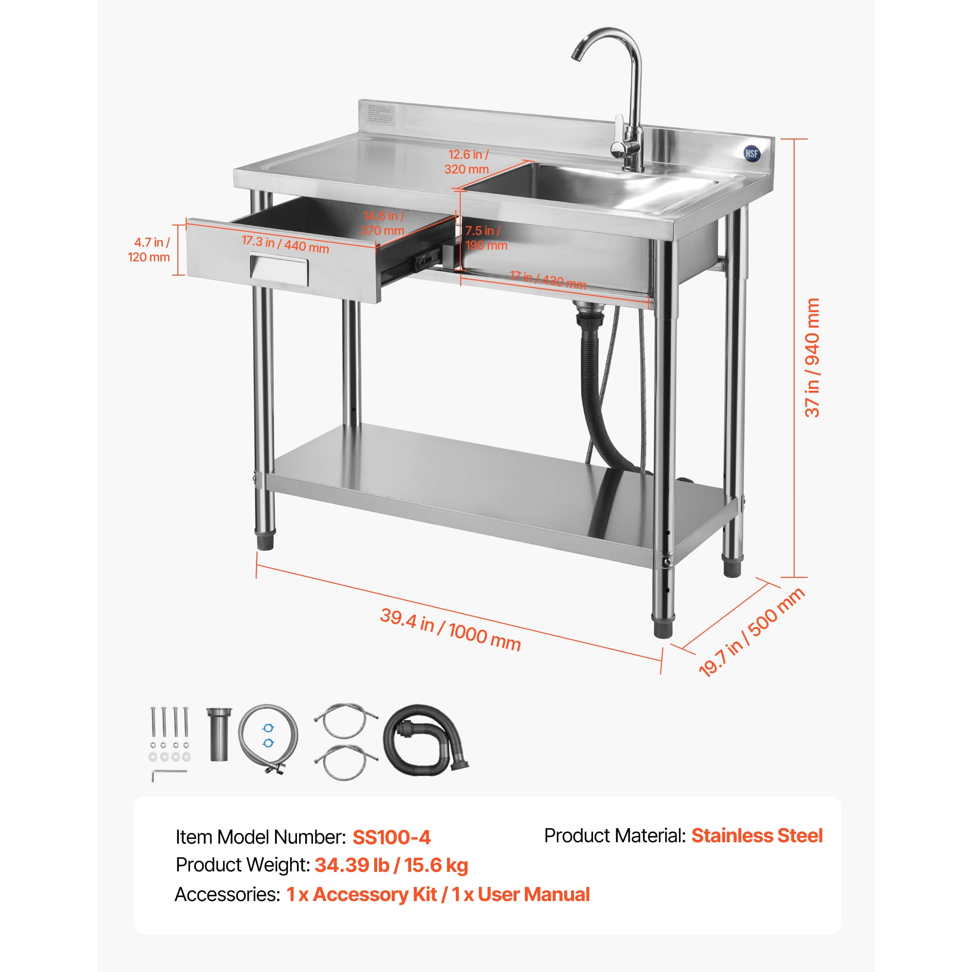 KFFKFF Stainless Steel Utility Sink Free-Standing Single Bowl Sink SUS201 Stainless Steel 37 Inch Black