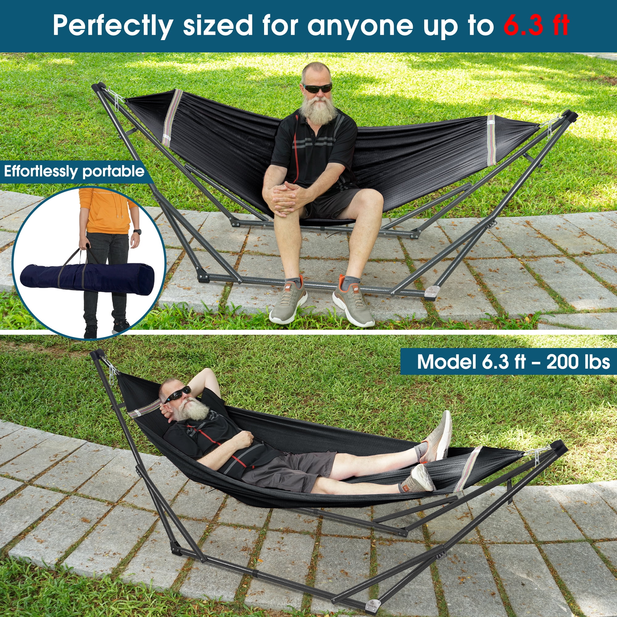 Tranquillo 600 Lbs Capacity 2-Person Adjustable Hammock Stand with Portable Easy Assembly, Black
