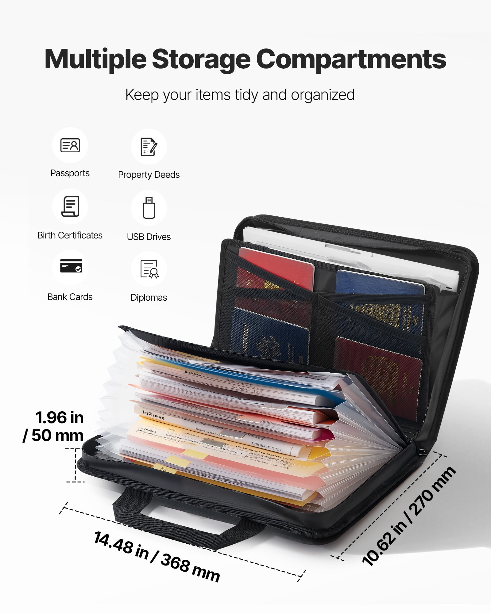 VEVOR Fireproof Document Bag, 1832 ℉ Heat Insulated Fireproof & Waterproof Bag, Portable Multi-Layer File Storage Security Organizer Home Office Travel Use, for Passports, Important Documents, Files