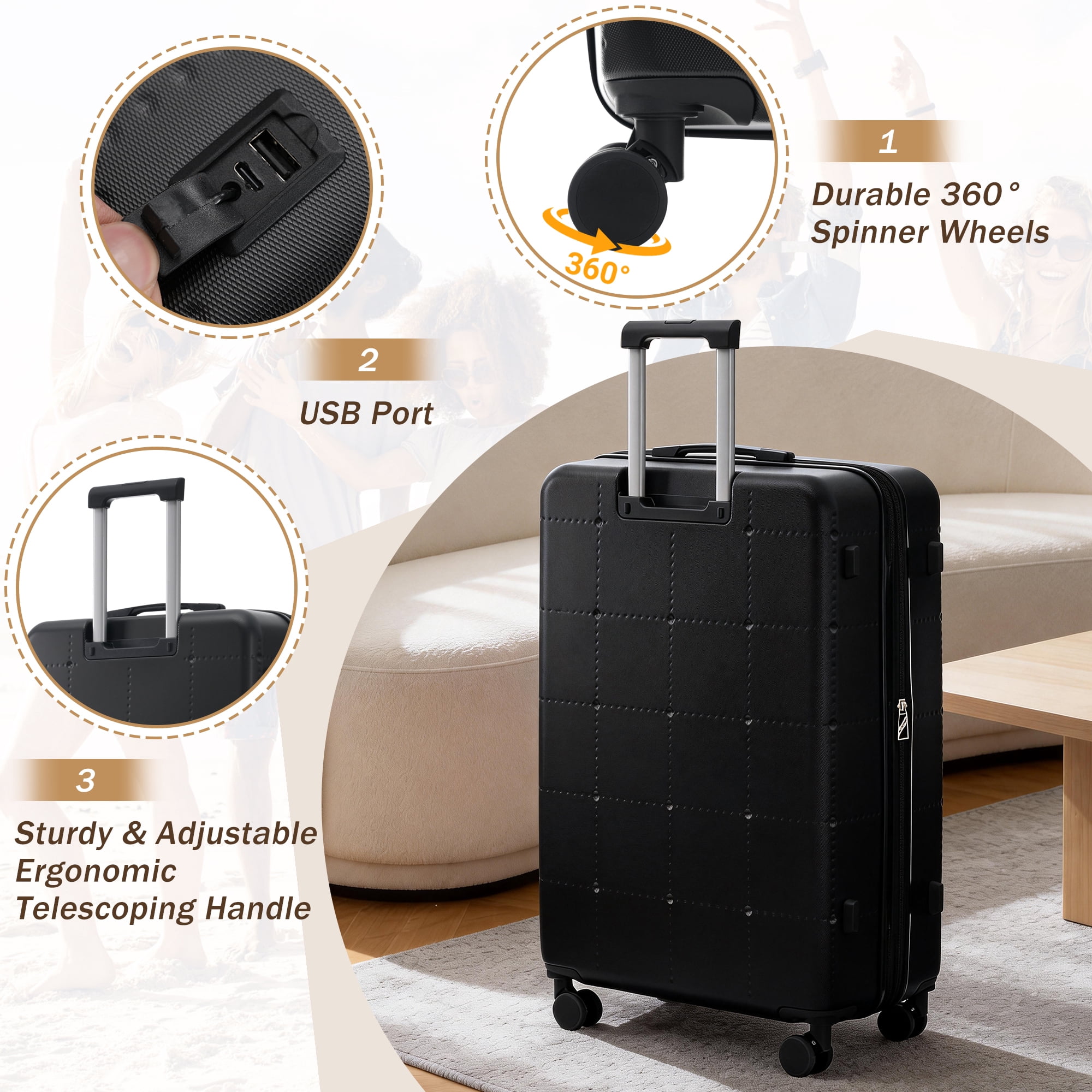 Euroco Luggage Sets 5 Piece, ABS Hardside Expandable Suitcase Set with TSA Lock Spinner Wheels and 2 Bags,20" Half-opening Carry on Luggage with USB Port for Travel,Black(20"/24"/28")