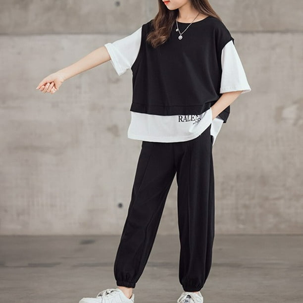 tredstone Summer Girls Clothes Set Kids Casual Style Short Sleeve T-shirt  Fashion Pants Clothing Tracksuit Sports Cotton Outfits Black 120cm 