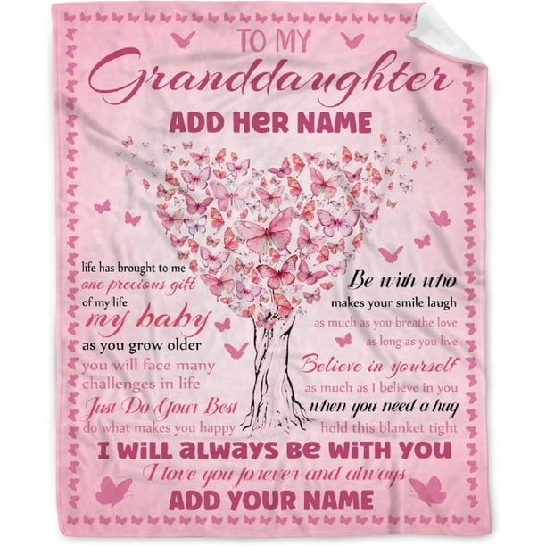 LHSHID Personlized Granddaughter Blanket from Grandma Grandpa Custom Girl Name Super Soft Flannel Butterfly Throws Blankets Birthday Gift Elephant Decor for Sofa Bed