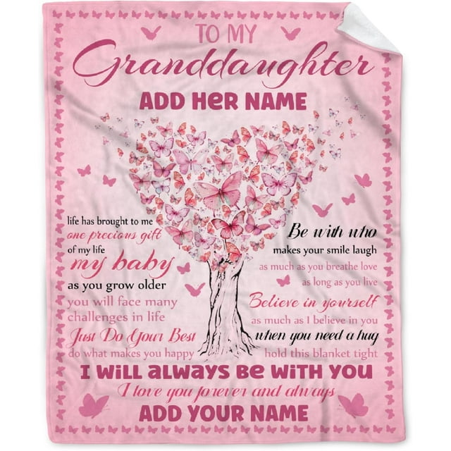 LHSHID Personlized Granddaughter Blanket from Grandma Grandpa Custom Girl Name Super Soft Flannel Butterfly Throws Blankets Birthday Gift Elephant Decor for Sofa Bed