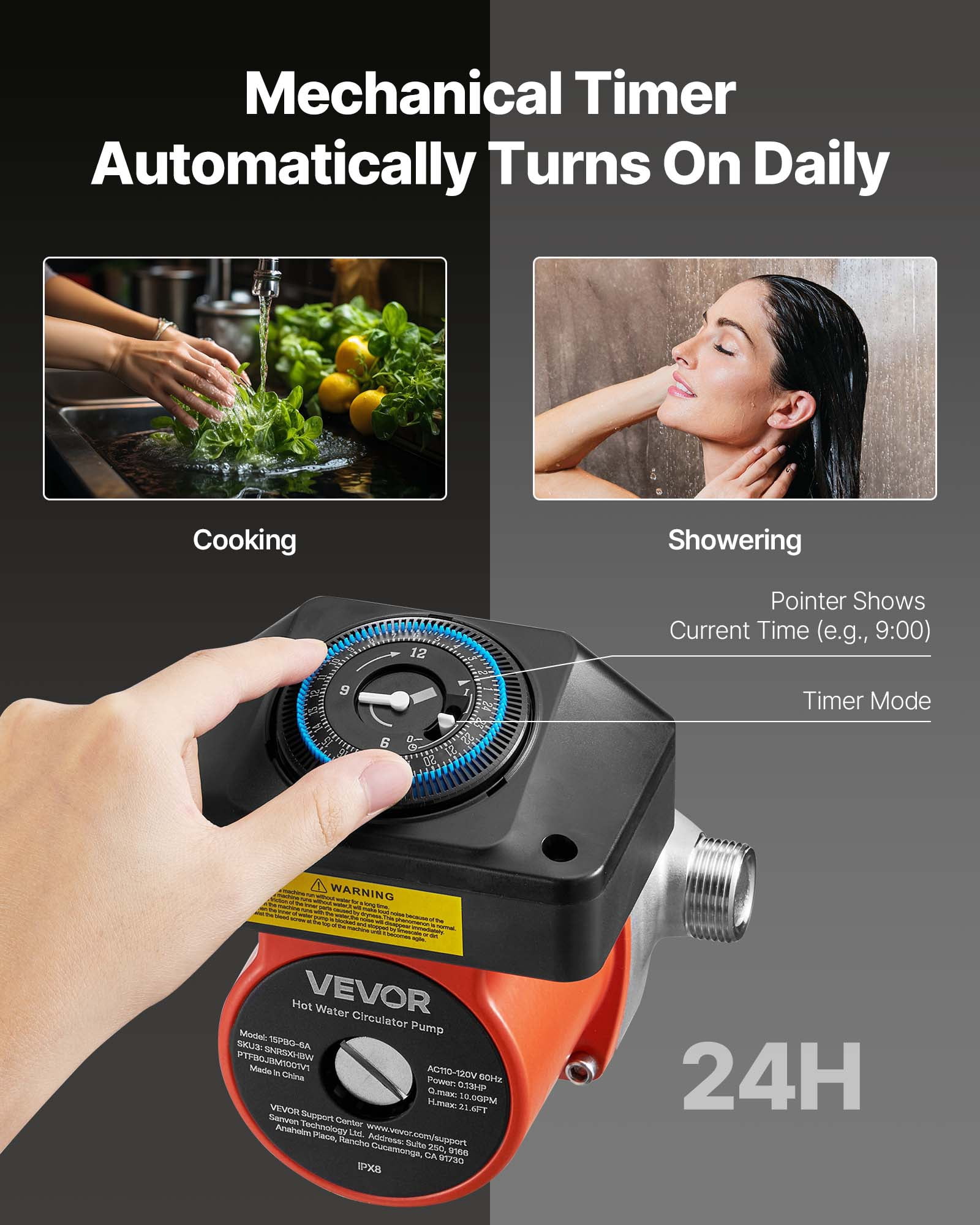VEVOR Hot Water Recirculating Pump, with Bypass Valve, Instant Recirculation Pump Kit with Timer, Adapter, Circulation Circulator System, Stainless Steel Head,0.13 HP 110-120V, for Tank Water Heaters
