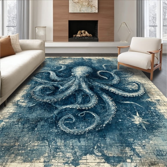 ODIKA 4'x6' Machine Washable Non-Slip Area Rug, Nautical Voyage Octopus Treasure Map Decorative With Vintage Sea Theme High Traffic Rug, Blue, 38691