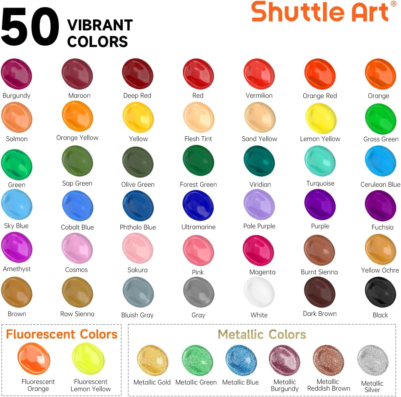 Acrylic Paint, Shuttle Art 50 Colors Acrylic Paint Set, 2oz/60ml Bottles, Rich Pigmented, Water Proof, Acrylic Paints for Artists, Beginners on Canvas Rocks Wood Ceramic Fabric
