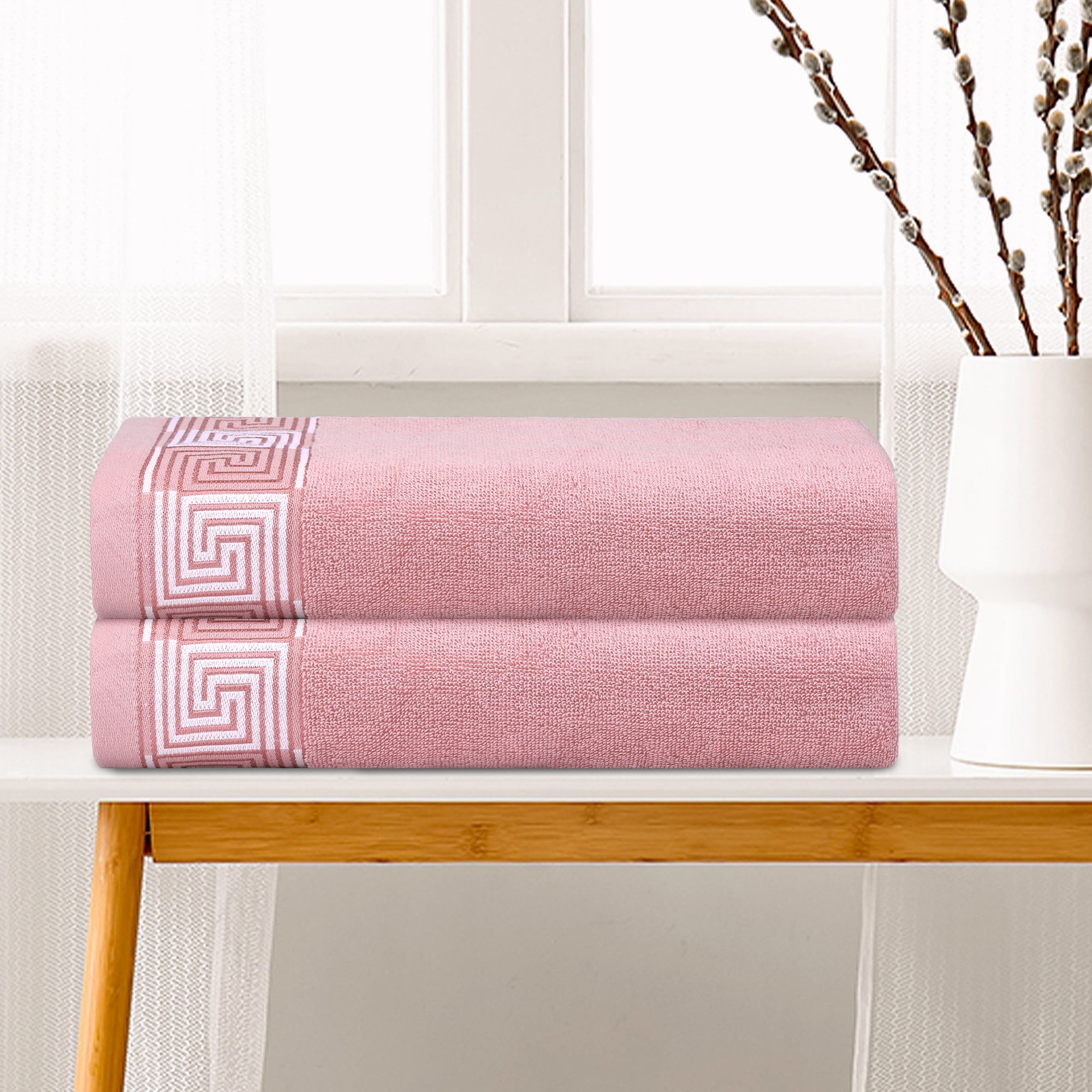 Unique Bargains 100% Cotton 2 Pack Solid Bath Towels Quick Dry and Absorbent Pink