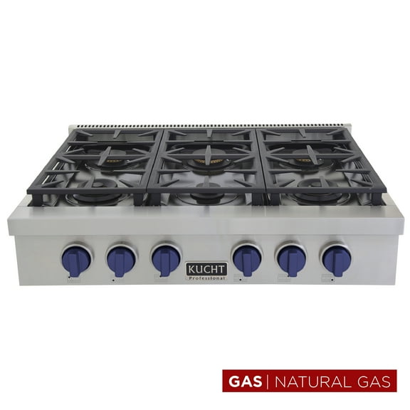 36 in. Natural Gas Range Top in Stainless Steel with Royal Blue Knobs