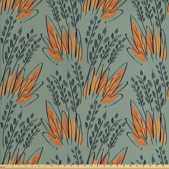 Ethnic Fabric by the Yard Upholstery, Sketched Grass and Herbs Hand Drawn Style Natural Nostalgic, Decorative Fabric for DIY and Home Accents, Pale Reseda Green Grey by Ambesonne