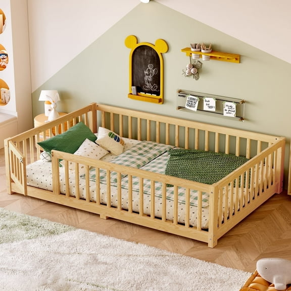 URTR Full Size Montessori Floor Bed with Safety Rails & Door, Solid Wood Floor Bed Frame Full with Removable Slats, Low Profile Montessori Bed for Bedroom, Natural