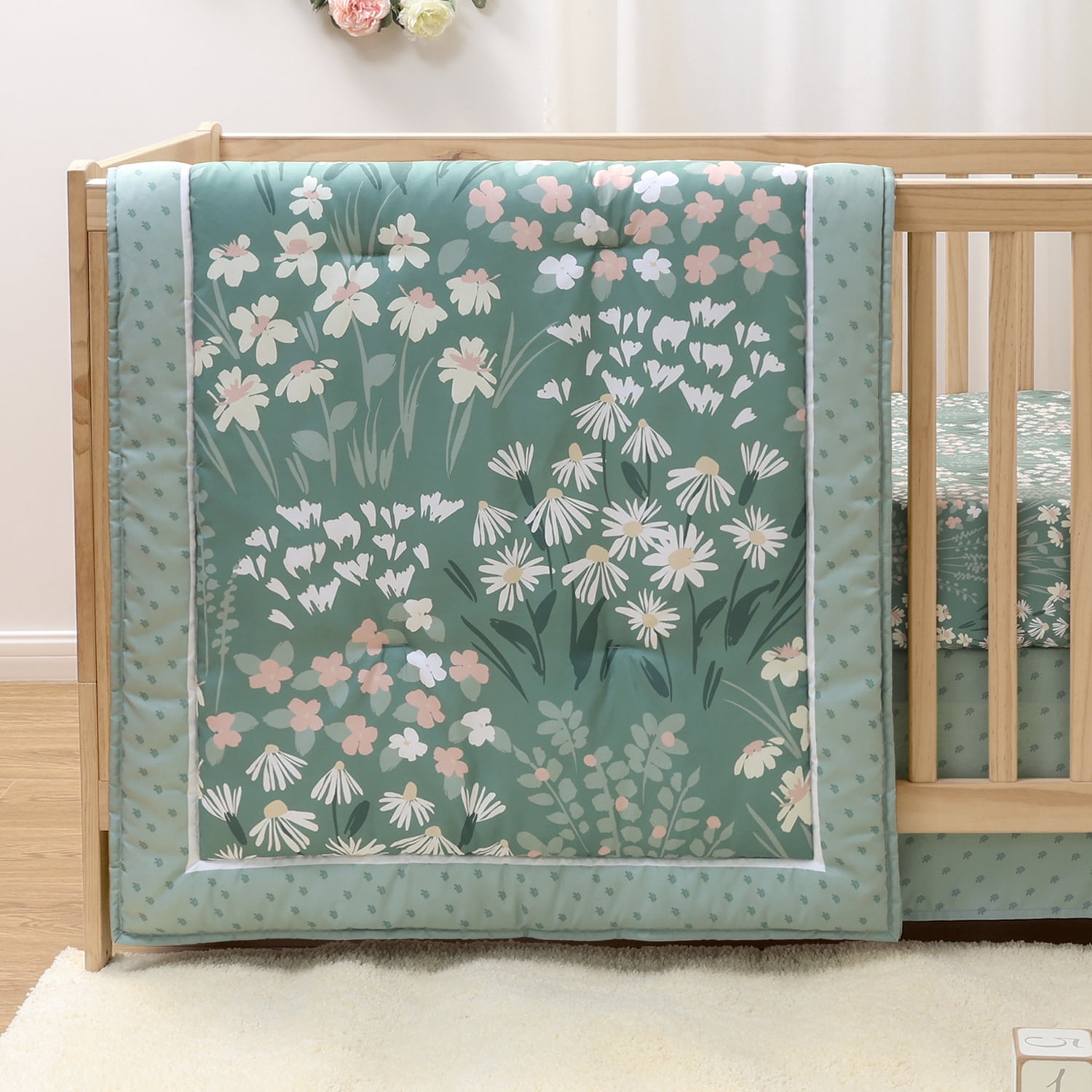The Peanutshell Crib Bedding Set for Baby Girls, Sage Meadow, 3 Piece
